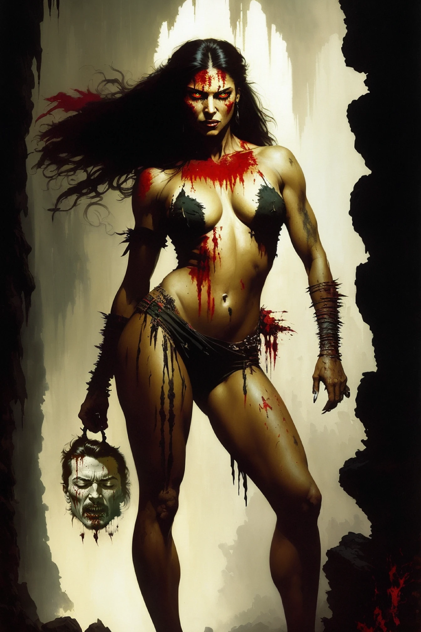 (((holding dead severed male head))), ((eyes closed)), ((mouth hanging open)), ((horror)), ((Medium length Dark hair)), Masterpiece, best quality, Artstation, by Frank Frazetta, by Simon Bisley, by Luis Royo, by H.R. Giger, by Ashley Wood, by Bill Sienkiewicz, by Ryan Meinerding, by Ian McQue, by Syd Mead, by Frank Frazetta, by Joseph Michael Linsner, (blood splatters), ((Volumetric lighting)), ((diffused lighting)), ((Subtle lighting)), ((Good Highlights)), ((Good Shading)), ((Perfect Proportions)), ((Painting in Oil)), ((Painterly)), (Illustration), (stylistic), (dynamic), (intricate), (Professional), (Award winning),