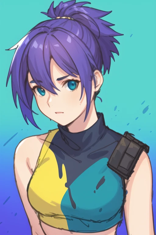 samdoesarts style award winning half body portrait of a beautiful woman in a croptop and cargo pants with ombre navy blue teal hairstyle with head in motion and hair flying, paint splashes, splatter, outrun, vaporware, shaded flat illustration, digital art, trending on artstation, highly detailed, fine detail, intricate
