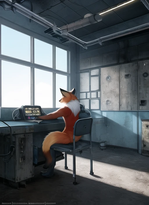 uploaded on e621, explict content, 4k, a (technicolor:1.05) photograph (by totesfleisch8 and (personalami), ando fuchs) of a cybernetic female ((fox)) anthro sitting in a chair looking out a window, rear view, chest fluff, cheek tuft, seductive smirk, soviet-era [oil refinery] [control room] with ((rusty metal beams)) and concrete walls and windows and switchboards, fluorescent light from ceiling, dust particles