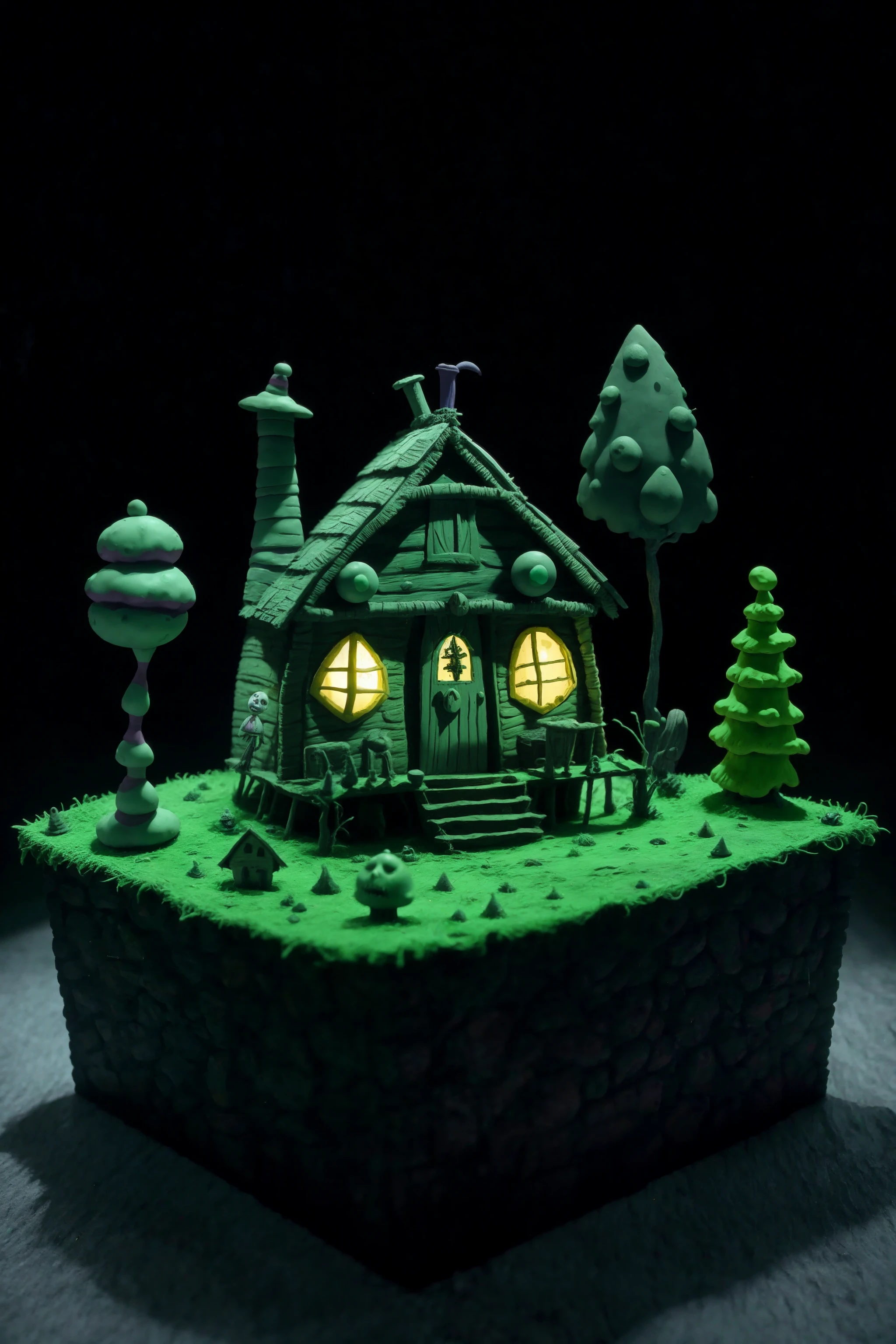 a tim burton claymation of village hut, scene from Beetlejuice \(film\), detailed background,