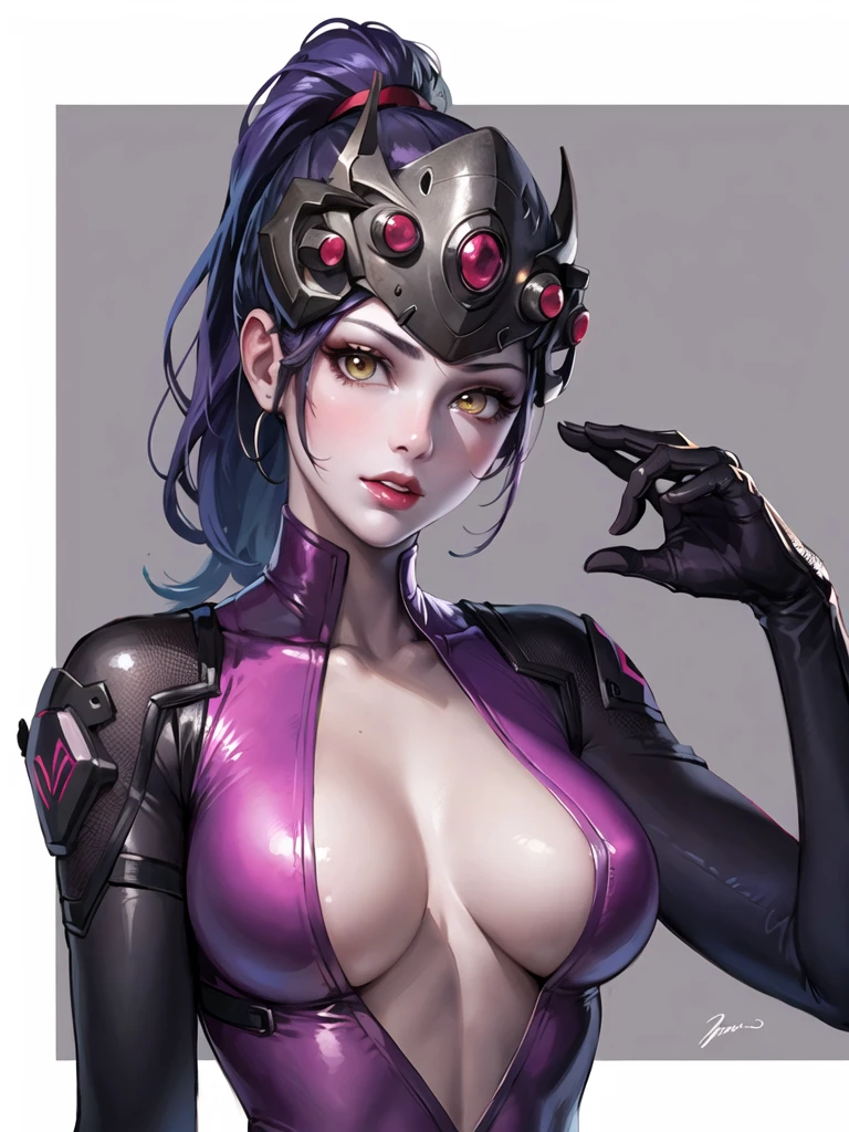 1girl, black gloves, bodysuit, center opening, cleavage, collarbone, colored skin, gloves, hair pulled back, hand up, head-mounted display, lips, lipstick, long hair, looking at viewer, makeup, medium breasts, nose, parted lips, pink bodysuit, plunging neckline, ponytail, purple hair, purple lips, purple skin, solo, upper body, widow-normal, yellow eyes,(shiny skin),red lips