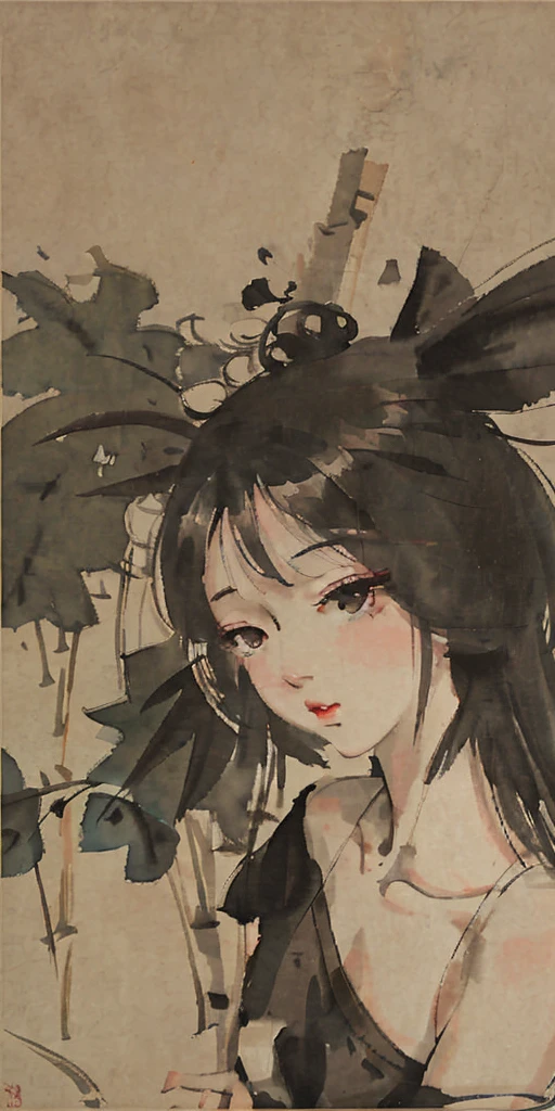 shukezouma, negative space, shuimobysim, girl, woman,bare shoulders, (ecchi0.5), lips, water splash, (trees:0.5), (flowers:0.6) ,(birds:0.2), (bamboo0.1), lakes, Hangzhou, bonian, bonian in background <lora:shuimobysimV3:0.8> <lora:shu:1>