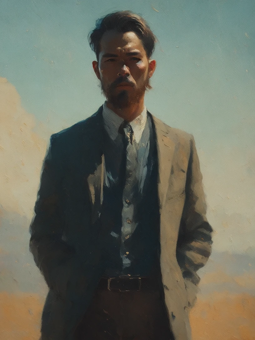 a painting of a man standing, a character portrait, artstation hd, detailed painting, photo taken with provia, kodak portra, film grain, featured on unsplash, film grain, cinematic view, photo taken with provia