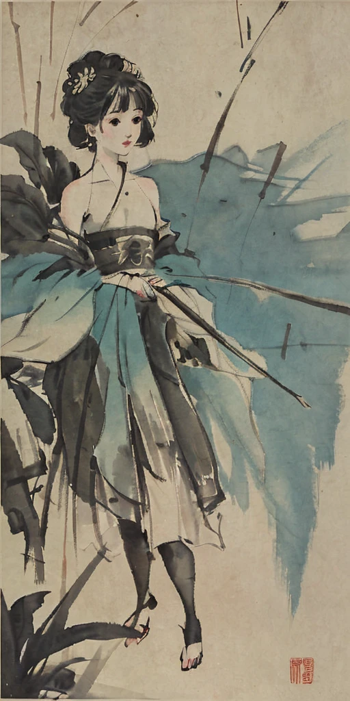 shukezouma, negative space, shuimobysim, girl, woman,bare shoulders, (ecchi0.5), lips, water splash, (trees:0.5), (flowers:0.6) ,(birds:0.2), (bamboo0.1), lakes, Hangzhou, bonian, bonian in background <lora:shuimobysimV3:0.8> <lora:shu:1>