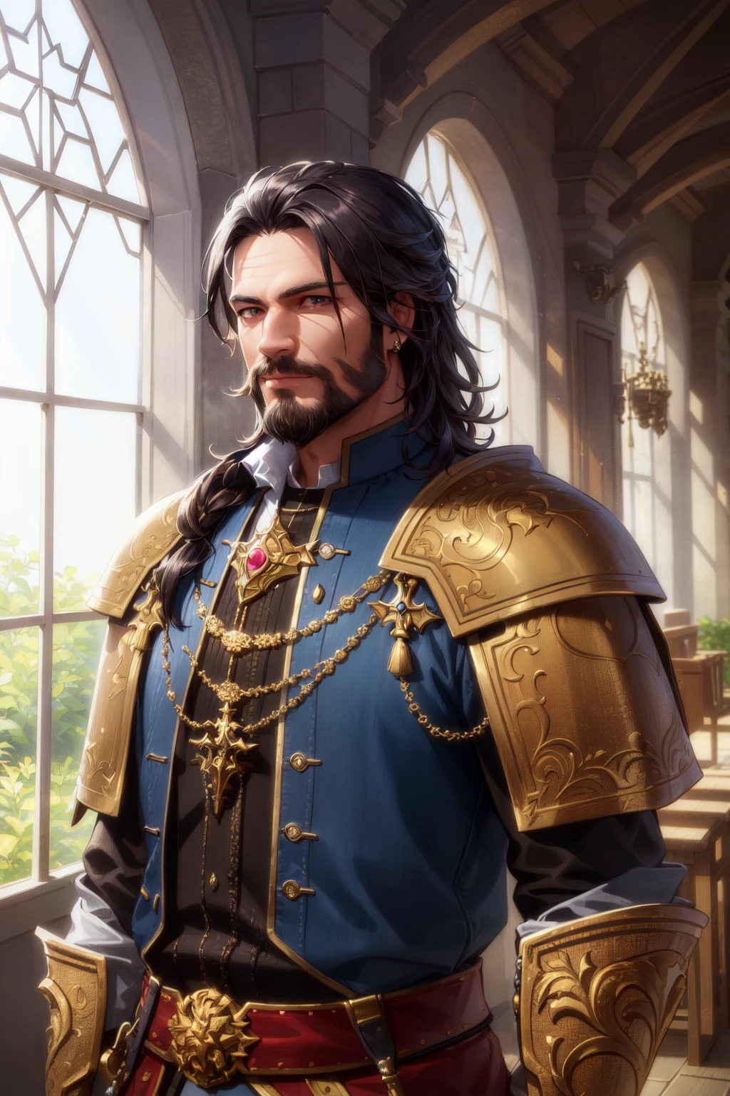 (Masterpiece, Best Quality:1.4), (Highres), (Hyper Detailed:1.4), (Digital Art:1.2), 4K, (Ornate:1.2),
Indoors, Renaissance, Vintage Windows,
Mature Male, Male Focus, Old, King, Black Beard, Black Hair, Armor, (Face Focus;1.4), (Solo:1.2),