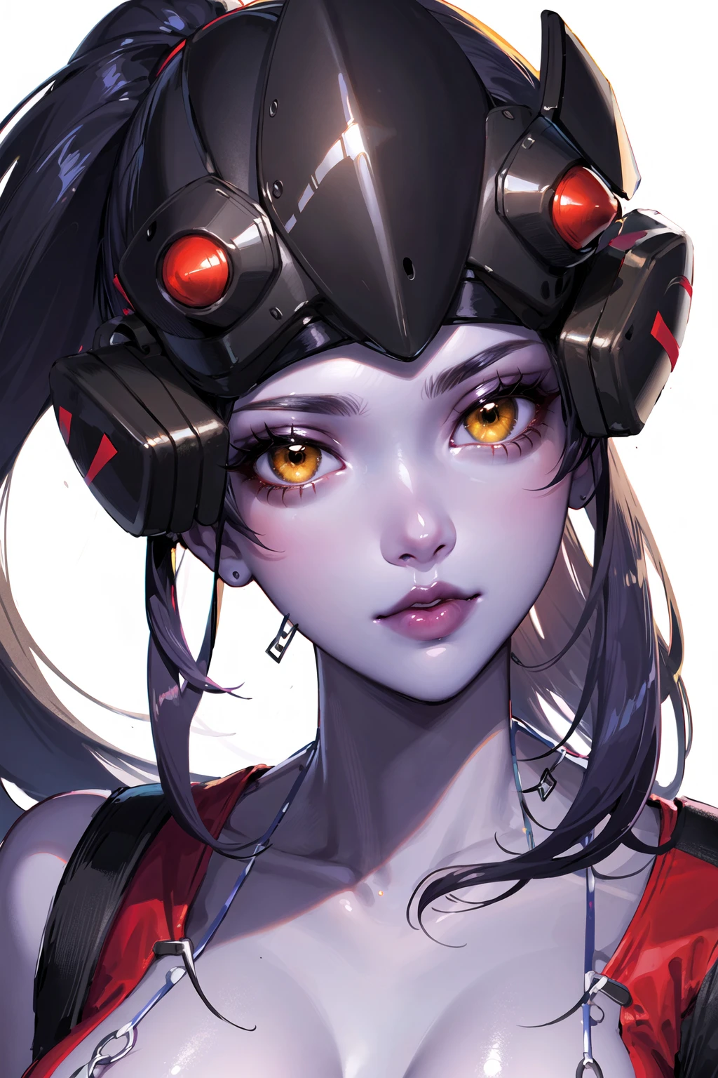 1girl, bodysuit, closed mouth, collarbone, colored skin, hair pulled back, head-mounted display, lips, lipstick, long hair, looking at viewer, makeup, ponytail, portrait, purple lips, purple skin, solo, white background, widow-normal, yellow eyes,(shiny skin),red lips