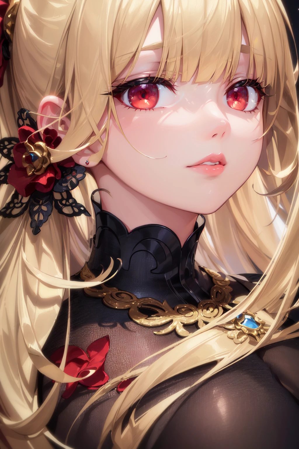 (Masterpiece, Best Quality:1.4), (Highres), (Hyper Detailed:1.4), (Digital Art:1.2), 4K, (Ornate:1.2), 

Indoors, Renaissance, Vintage Windows,

1Girl, Solo, 

(Face Focus:1.4), (Portrait:1.4),

(Very Long Blonde High Ponytail:1.4), (Blunt Bangs:1.2),

(Red Eyes:1.4), (Tsurime:1.4), Looking at Viewer,

(Puffy Lips:1.2), Closed Mouth, 

Large Breasts, 

(Black Gown:1.4), (Puffy Juliet Sleeves:1.4), Jewelry