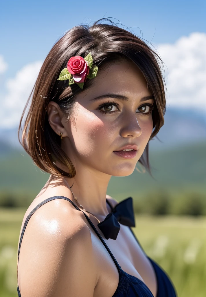 solo,1girl,(looking at viewer),parted lips,(blue sky,sunny,dress,(blush),hair ornament,mountainous horizon),bowtie,
shiny skin, skindentation,light blush, 
 wide angle,best quality, ultra high res, (photorealistic:1.4) <lora:hipoly3DModelLora_hiqcgbody:0.15> hiqcgbody, <lora:sam_yang_samdoesartsSamYang_offsetRightFilesize:0.2> sam_yang,