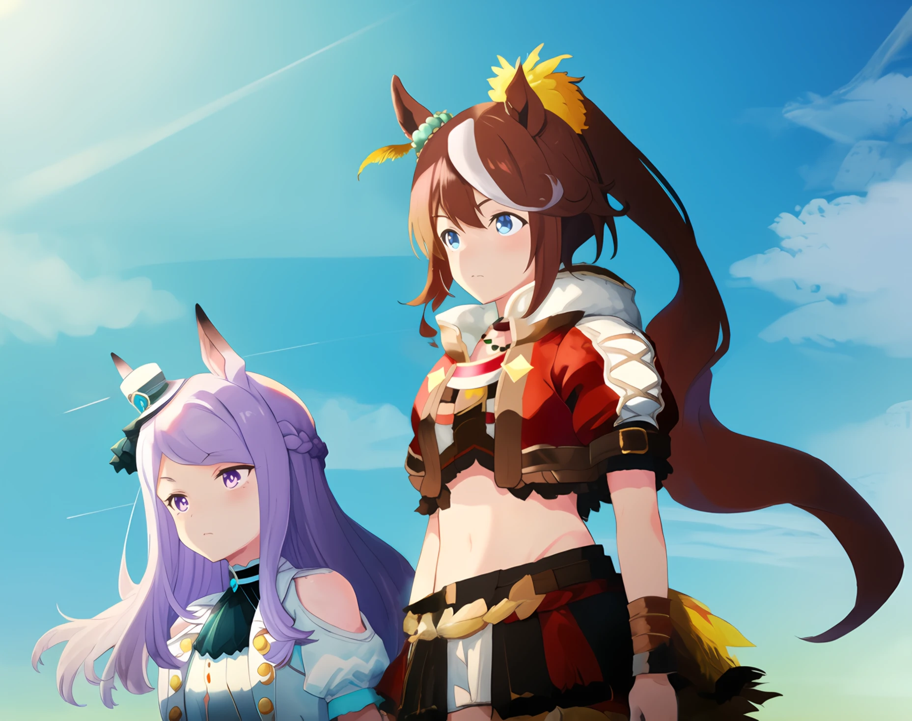 (MejiroMcQueen, End of Sky); TokaiTeio, beyond the horizon; fanart; cinematic angle,
 (2girls:1.3), yuri, standing next to each other, cloudy sky