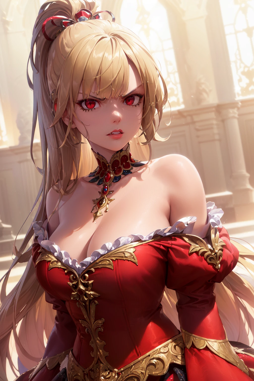 (Masterpiece, Best Quality:1.4), (Highres), (Hyper Detailed:1.4), (Digital Art:1.2), 4K, (Ornate:1.2),
Indoors, Renaissance, Vintage Windows,
(Face Focus:1.4), (Close-Up Face Focus:1.4),
(Very Long Blonde High Ponytail:1.4), (Blunt Bangs:1.2),
(Red Eyes:1.4), (Tsurime:1.4),(Angry:1.2), Looking at Viewer,
(Puffy Lips:1.4),
(Off Shoulder Red Gown:1.4), (Puffy Skirt:1.4), (Puffy Juliet Sleeves:1.4), Jewelry