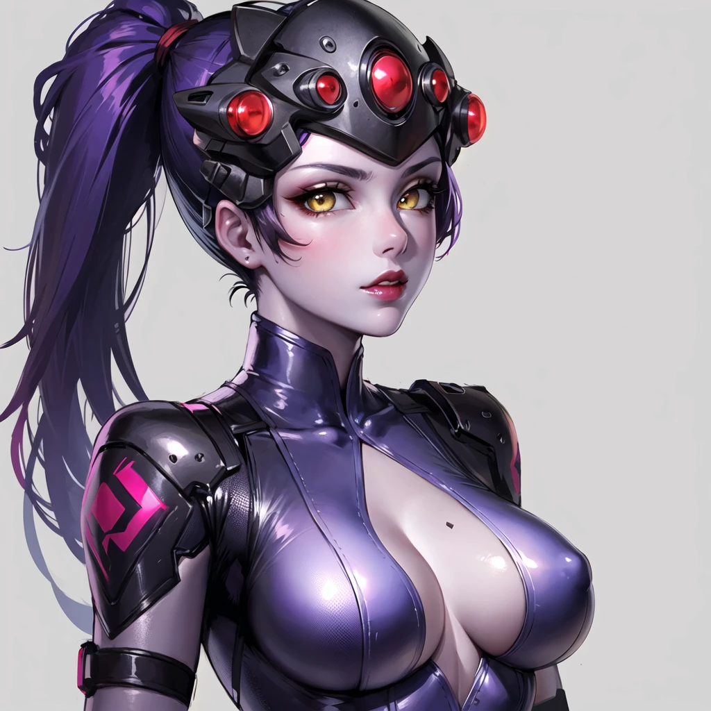 1girl, black gloves, bodysuit, center opening, cleavage, colored skin, gloves, hair pulled back, head-mounted display, lips, lipstick, long hair, looking at viewer, makeup, medium breasts, nose, pink bodysuit, plunging neckline, ponytail, purple hair, purple lips, purple skin, solo, upper body, widow-normal, yellow eyes,(shiny skin),red lips