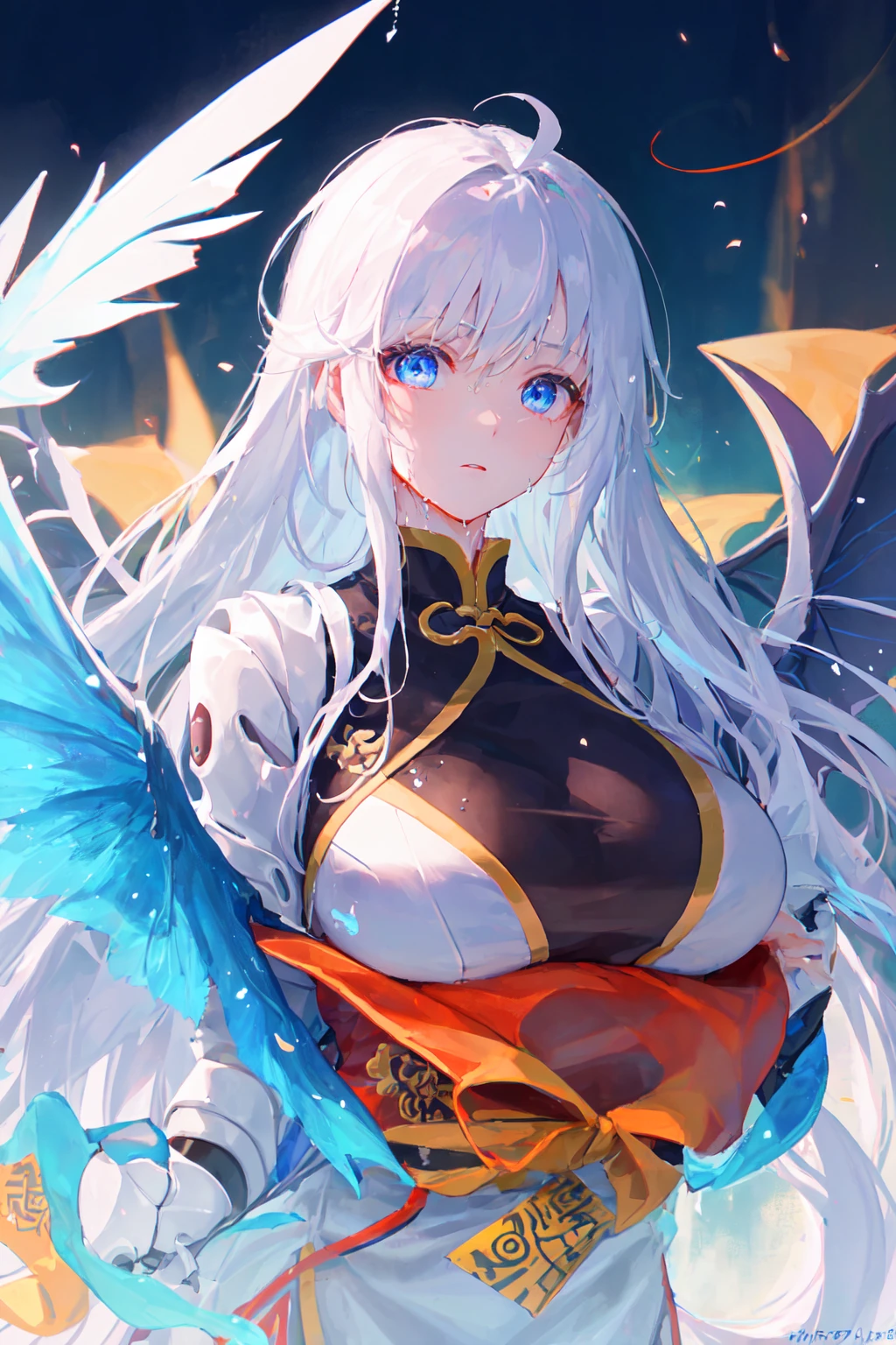 (Highest picture quality), (Master's work), (Detailed eye description), (8K wallpaper),(Detailed face description),

colorful,looking at viewer,solo,upper body,
(Jiangshi:1.4|(mecha body:1.1),detail mecha body,wet body,full body,(mechanical wings),(giant wings:1.1),detail wings), expressionless, pale skin, blue eyes, forehead mark,
ba gua, tai chi, yin yang, claws, death,
[chinese clothes, china dress,[taoist robes, celestial being uniform]],