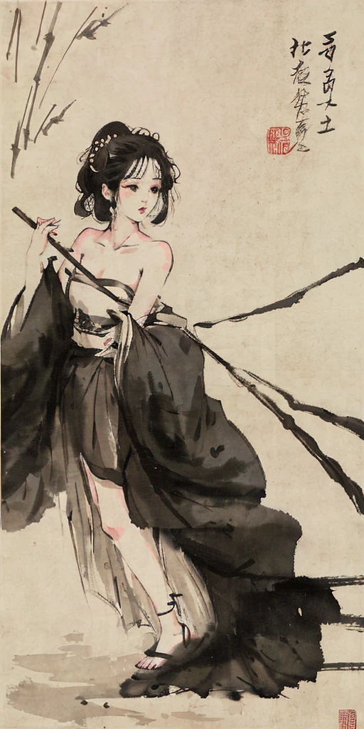 shukezouma, negative space, shuimobysim, girl, woman,bare shoulders, (ecchi0.5), lips, water splash, (trees:0.5), (flowers:0.6) ,(birds:0.2), (bamboo0.1), lakes, Hangzhou, bonian, bonian in background <lora:shuimobysimV3:0.8> <lora:shu:1>