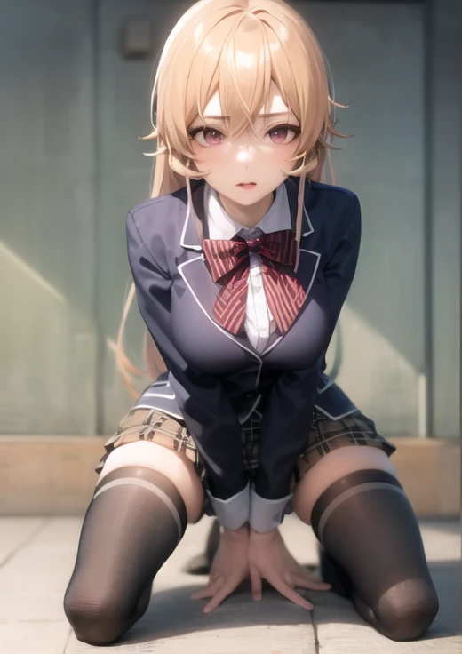 <lora:nakiri_resize:1>, 1girl,  nakiri erina, kneeling, purple thighhighs, jacket, plaid skirt, [[hands on breasts]]