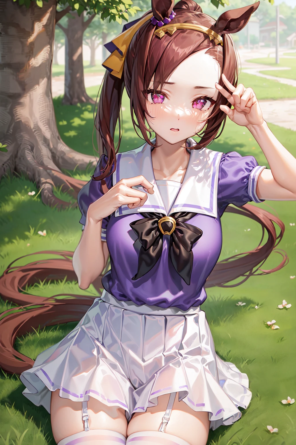 masterpiece, best quality,
sakura bakushin o \(umamusume\),
white thighhighs, tracen school uniform, purple shirt, pleated skirt, puffy short sleeves, white skirt, puffy sleeves, summer uniform, frilled skirt, sailor collar, sailor shirt, miniskirt, frills
<lora:sakura_bakushin_o_lora:0.8>