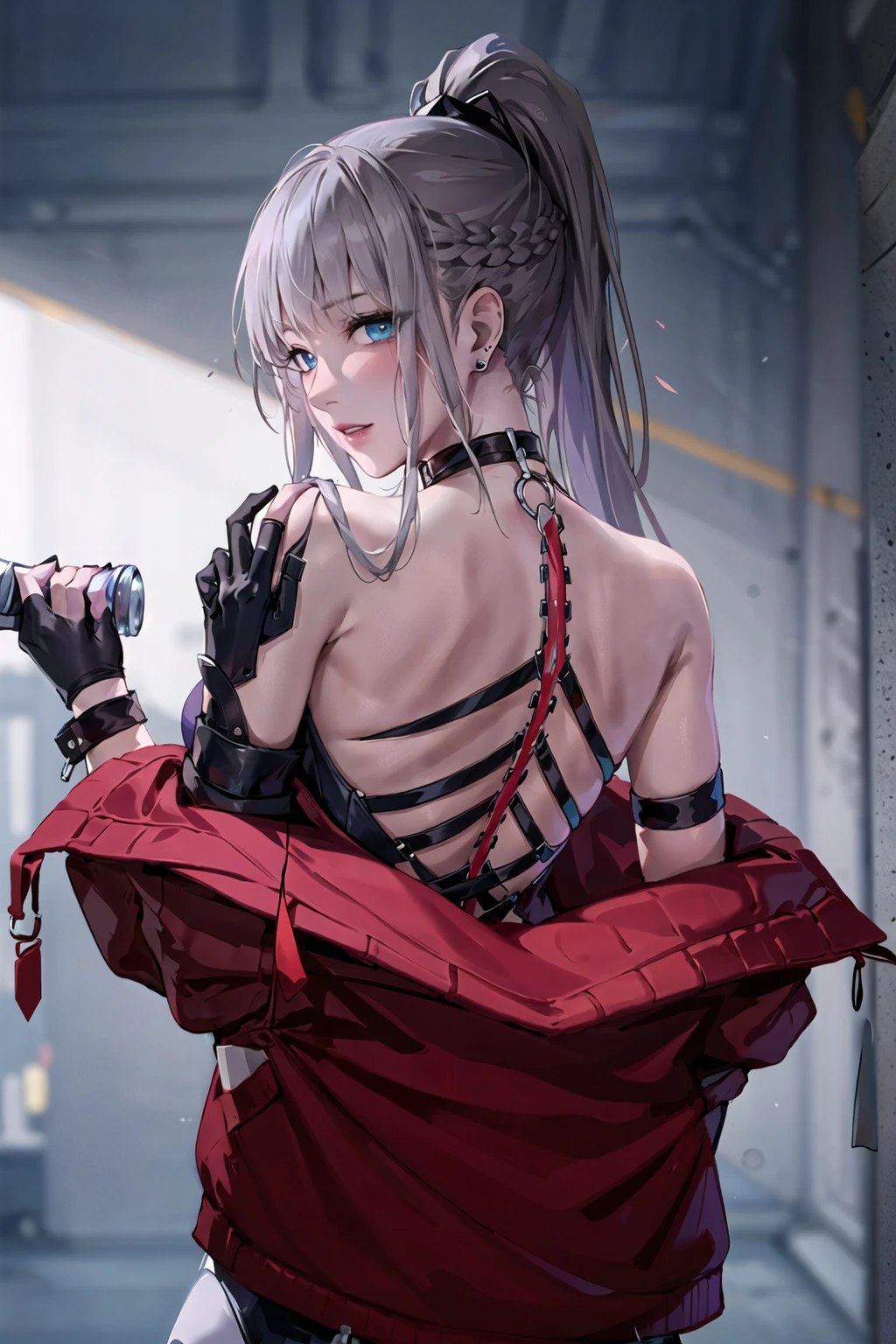 1girl, aqua eyes, back, bangs, bare shoulders, black gloves, blue eyes, braid, choker, earrings, fingerless gloves, from behind, gloves, grey hair, holding, jacket, jewelry, long hair, looking at viewer, looking back, nail polish, off shoulder, parted lips, piercing, ponytail, red jacket, solo, upper body,baiyi,[[realistic]],(shiny skin),(masterpiece:1.4),(best quality:1.4)