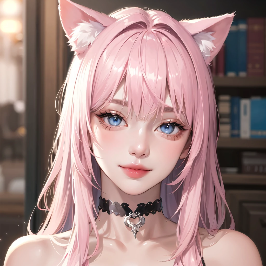 1girl, animal ears, bangs, black choker, black hair, blue eyes, blurry, cat ears, choker, closed mouth, collarbone, eyelashes, lips, long hair, looking at viewer, portrait, solo,(shiny skin),realistic,fashi-girl,milf,extremely delicate and beautiful,goddess,smile,pink lips