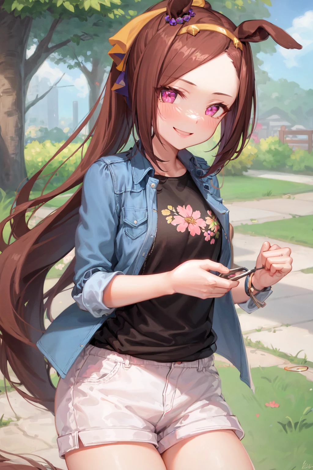 masterpiece, best quality,
sakura bakushin o \(umamusume\),
smile, 
white shorts, short shorts, open clothes, blue jacket, open jacket, black shirt, long sleeves, shirt tucked in, floral print, casual
<lora:sakura_bakushin_o_lora:0.8>