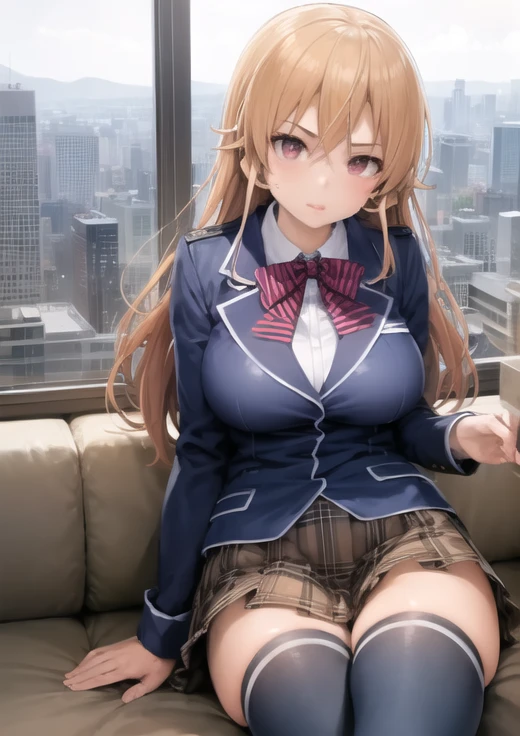 <lora:char-Nakiri Erina-v2:1>, 1girl, nakiri erina, jacket, plaid skirt, ((navy blue thighhighs)), thighhighs, <lora:style-ishikei:0.8>, window, cityscape