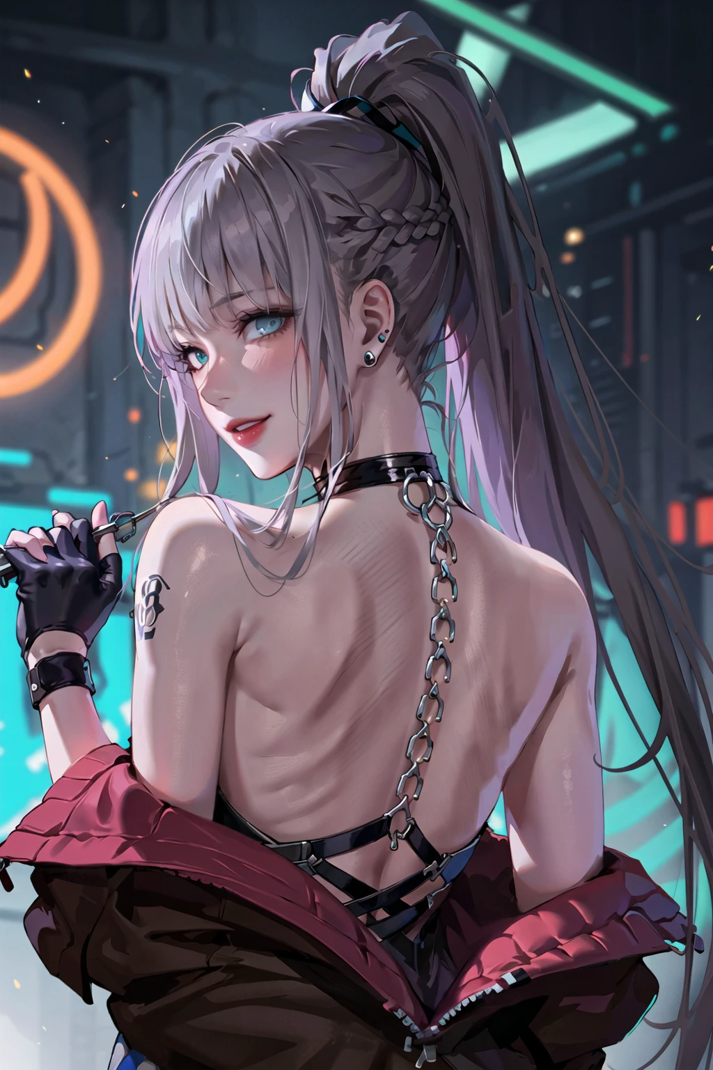 1girl, aqua eyes, back, bangs, bare shoulders, black gloves, braid, earrings, fingerless gloves, from behind, gloves, green eyes, grey hair, holding, jacket, jewelry, long hair, looking at viewer, looking back, nail polish, parted lips, ponytail, solo, upper body,baiyi,[[realistic]],(shiny skin),(masterpiece:1.4),(best quality:1.4),red lips,smile,cyberpunk,neon lights