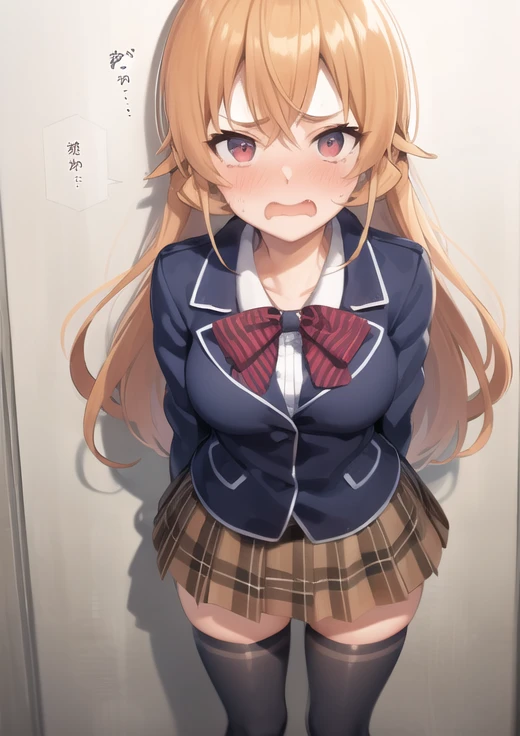 <lora:char-Nakiri Erina-v2:1>, 1girl,  nakiri erina, standing, embarrassed, flustered, jacket, plaid skirt, ((navy thighighs)), thighhighs, <lora:style-Uekura Euku:0.434>, kabedon, pov, [[hand against wall]], from above,  <lora:concept-kabedon:0.7>, looking at viewer