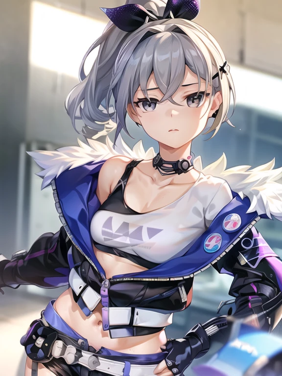 best quality ,masterpiece, illustration, an extremely delicate and beautiful, extremely detailed ,CG ,unity ,8k wallpaper, Amazing, finely detail, masterpiece,best quality,official art,extremely detailed CG unity 8k wallpaper,absurdres, incredibly absurdres, ultra-detailed, highres, extremely detailed,beautiful detailed girl, extremely detailed eyes and face, beautiful detailed eyes,light on face,
1girl,bronya zaychik,bronya,silver_wolf,grey hair,ponytail,grey eyes,small_breasts,shorts,shot_jacket,belt,earrings,hairclip,
looking at viewer,garters,choker,(navel:1.1),collarbone,sweat,