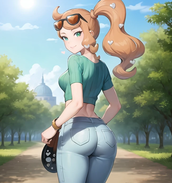 beautiful, masterpiece, best quality, extremely detailed face,  perfect lighting, 1girl, solo,   <lora:PokeSonia:0.75>, sonia \(pokemon\), green eyes,sunglasses, bag,  looking back, looking at viewer, side ponytail, heart hair ornament, green shirt, crop top, ribbed shirt, pants, outdoors, from behind, smile, cowboy shot, ass