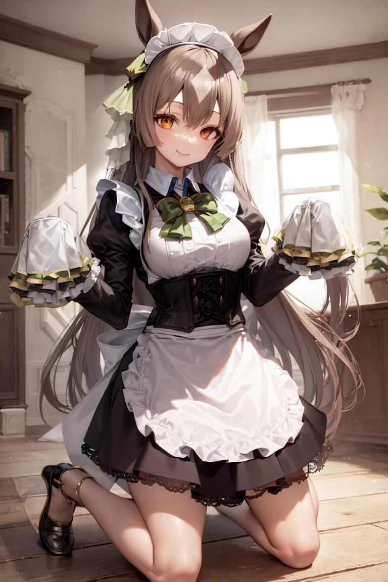 masterpiece, best quality,
satono diamond \(umamusume\),
kneeling, full body,
sleeves past wrists, long sleeves, black footwear, smile, frills, apron, sleeves past fingers, shoes, green bowtie, black dress, standing, maid headdress, closed mouth, puffy sleeves, corset, alternate costume, skirt
<lora:satono_diamond_lora:0.8>