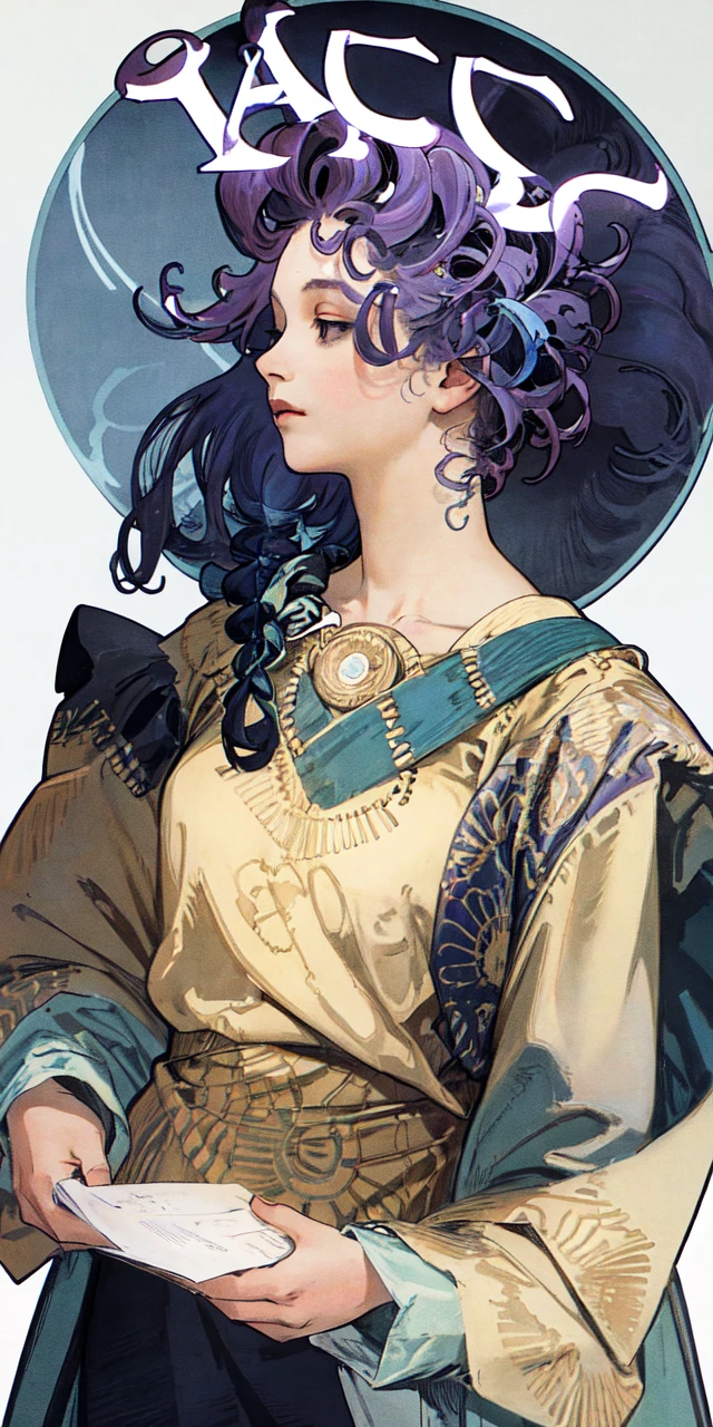 masterpiece,best quality,a girl, raiden shogun,alphonse mucha,purple_hair