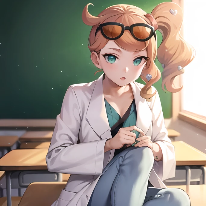 beautiful, masterpiece, best quality, extremely detailed face,  perfect lighting, 1girl, solo,   <lora:PokeSonia:0.8>, sonia \(pokemon\), green eyes,sunglasses,  side ponytail, heart hair ornament, labcoat, ribbed shirt, pants, sitting, indoors, desk, classroom