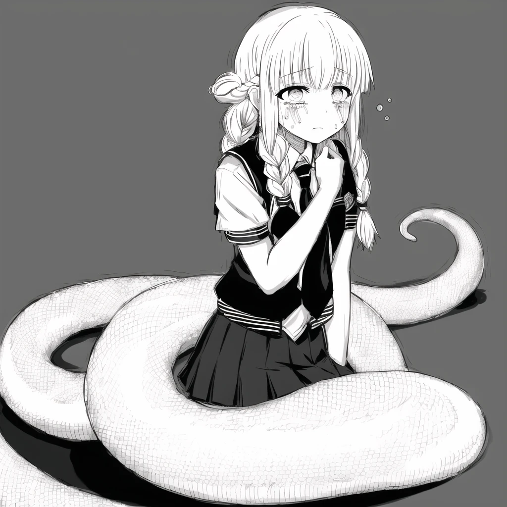 <lora:lamia-2_lamia-3__lamia-lamia-1--retro_ham_avas_jun_rifl--08-02:1>,
(lamia:1.2), scales,
full body,
1girl, alternate costume, bangs, blunt bangs, braid, comic, crying, crying with eyes open, monochrome, school uniform, serafuku, solo, tears