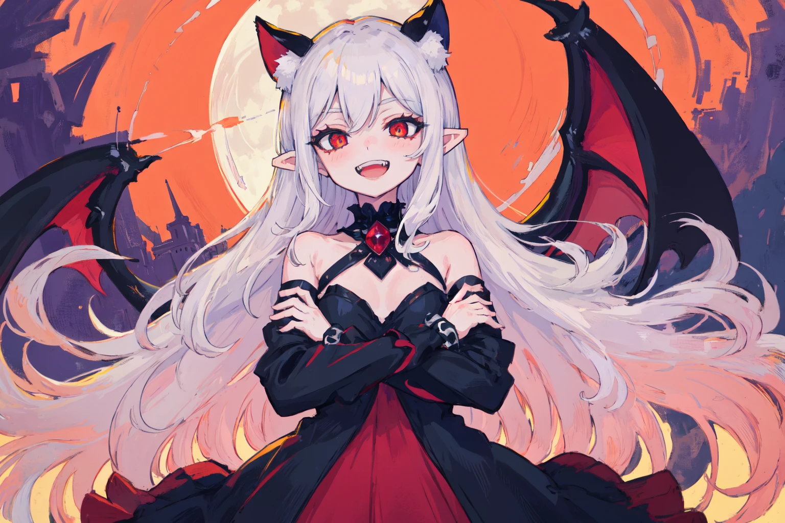 Natural Volumetric Lighting And Best Shadows, Deep Depth Of Field, Sharp Focus, Portrait Of Stunningly Beautiful White Demon Girl, Soft Delicate Beautiful Attractive Face With Alluring Sharp Eyes, Black Sclera Red Iris, Lovely Small Breasts, Sharp Eyeliner, (From Below View:1.05), Vicious Grin, Open Mouth With Cute Fangs Out, Windswept Disheveled White Hair, Thick Layered Absurdly Long Hairstyles, Blush Eyeshadow With Thick Eyelashes, Parted Lips, Pale Skin, Pointy Ears, Handcuffs, Red Jewel, White Demon Wings And Black Cat Ears, White Bare Shoulders One-Piece Dress, (Standing Tall, Blue-ish White Aura:1.1), (Moon Over The Castle Panorama:1.15), (Crossed Arms:1.2), (Highest Quality, Amazing Details:1.4), Masterpiece, Pastel, Picturesque, Professional Oil Paintings