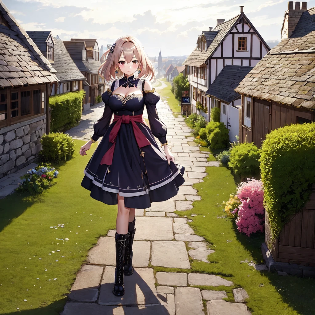 <lora:GiantessC_v0.1:0.7> High resolution, official art, from above, full body of (1girl GiantessC) standing inside \(waist-high miniature\ rustic medieval village), messy Black hair, large breasts, (pencil dress:0.8), boots, (long legs), bokeh, ((Size dfference)), [liberty leading the people], by [[eugene delacroix]], (crowd outline).