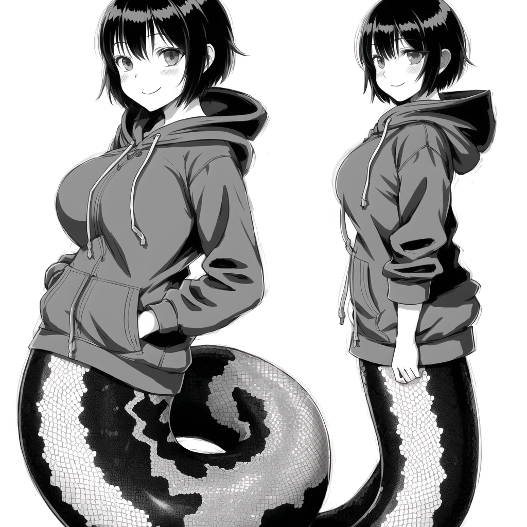 <lora:lamia-2_lamia-3__lamia-lamia-1--retro_ham_avas_jun_rifl--08-02:1.0>,
(lamia:1.0), scales,
full body,
1girl, artist name, bangs, breasts, cowboy shot, dated, drawstring, from side, greyscale, hood, hood down, hoodie, huge breasts, looking at viewer, monochrome, short hair, simple background, smile, solo, thighs, tomboy, white background