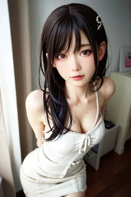 1girl, best quality, realistic, lens flare, shade, backlighting, depth of field, natural lighting, hard focus, film grain, narrow waist, seductive posture, alluring, beautiful face, clean, pure face, pale skin, cute, makeup, mascara, eyeshadow, cheek blusher