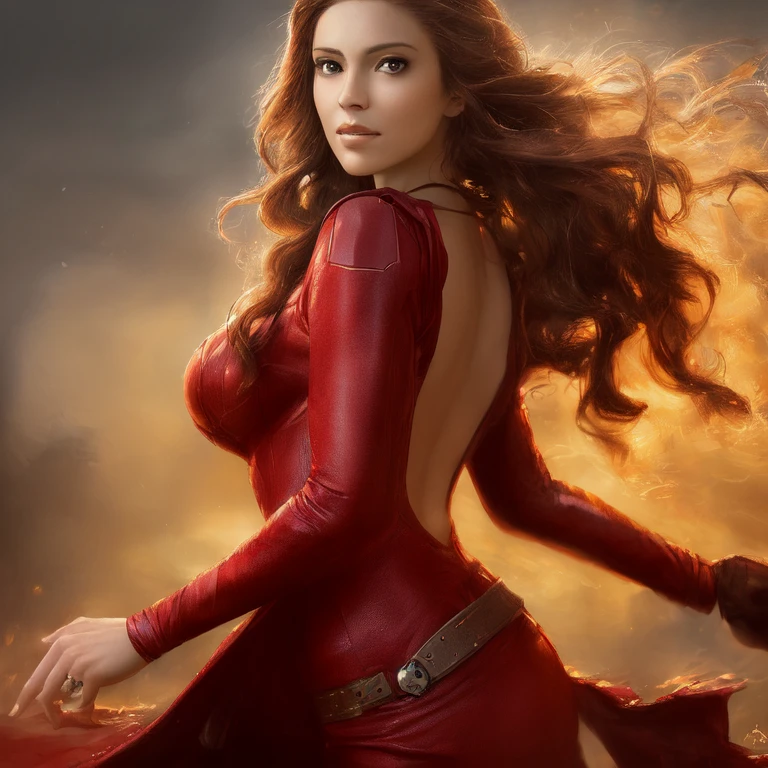 A photo of No-one11 a woman dressed as scarlet witch,Dark brown eyes, portrait, highly detailed, digital painting, artstation, concept art, smooth, sharp focus, illustration, cinematic lighting, 4K HQ, sharp focus, (Ultra realistic [[photo]], detailed face:1.0), (detailed eyes:1.0), (realistic photo:1.1), (masterpiece:1.0), detailed background, full body shot, by Antonio J. Manzanedo