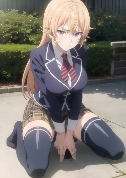 <lora:char-Nakiri Erina-v2:1>, 1girl, nakiri erina, kneeling, thighhighs, navy thighhighs, jacket, plaid skirt, hands on breasts, outdoors, anime_screencap_erina