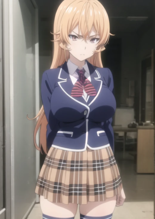 <lora:char-Nakiri Erina-v2:1.1>, 1girl,  nakiri erina, jacket, plaid skirt, navy thighhighs, thighhighs, anime_screencap_erina, [flat shading], mature female, large breasts,