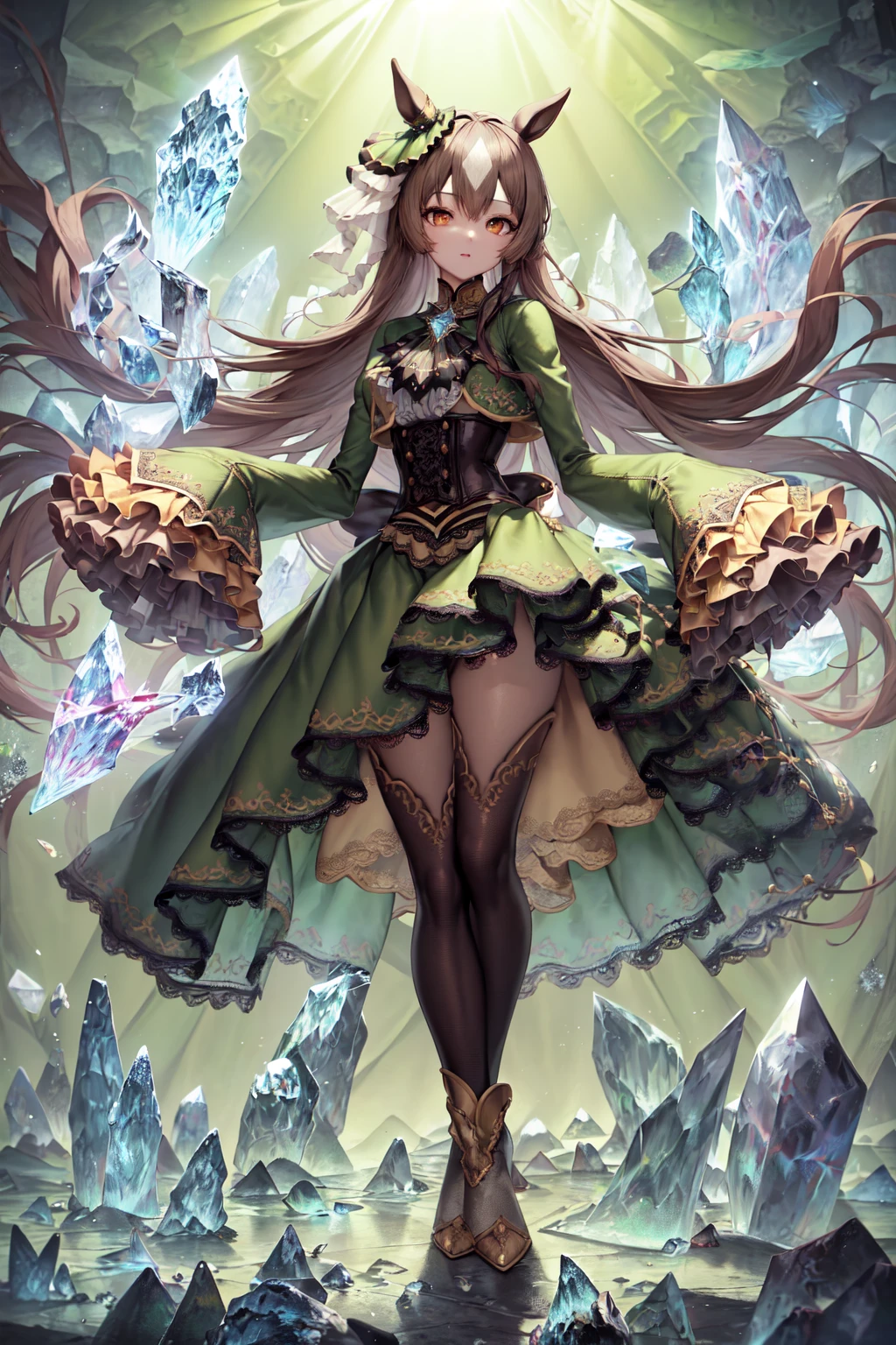 masterpiece, best quality,
satono diamond \(umamusume\),
full body, standing, looking at viewer, (crystal field:1.2), floating crystal,
sleeves past wrists, sleeves past fingers, frilled sleeves, frills, long sleeves, corset, green dress, ascot, green jacket, green skirt, black thighhighs, boots, white footwear,
<lora:satono_diamond_lora:0.8>