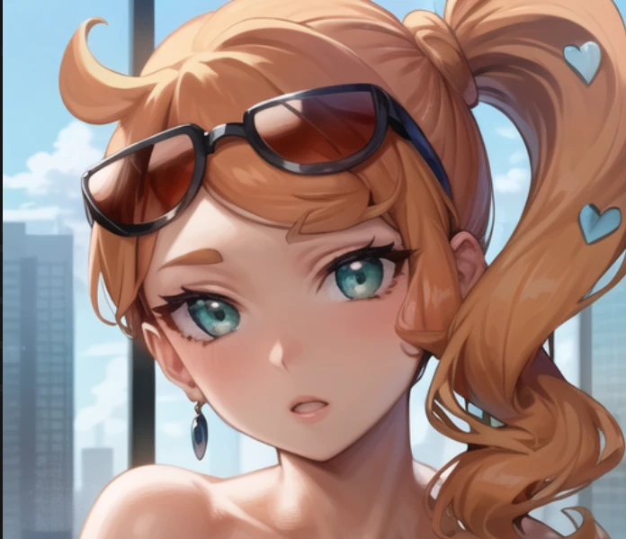 beautiful, masterpiece, best quality, extremely detailed face,  perfect lighting, 1girl, solo,   <lora:PokeSonia:0.75>, sonia \(pokemon\), green eyes, sunglasses, side ponytail,