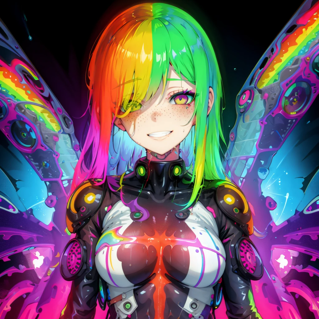 girl, freckles, cyberpunk, (rainbow:1.2), grinning, wet, high quality, <lora:Cosmic Rainbow:0.6>