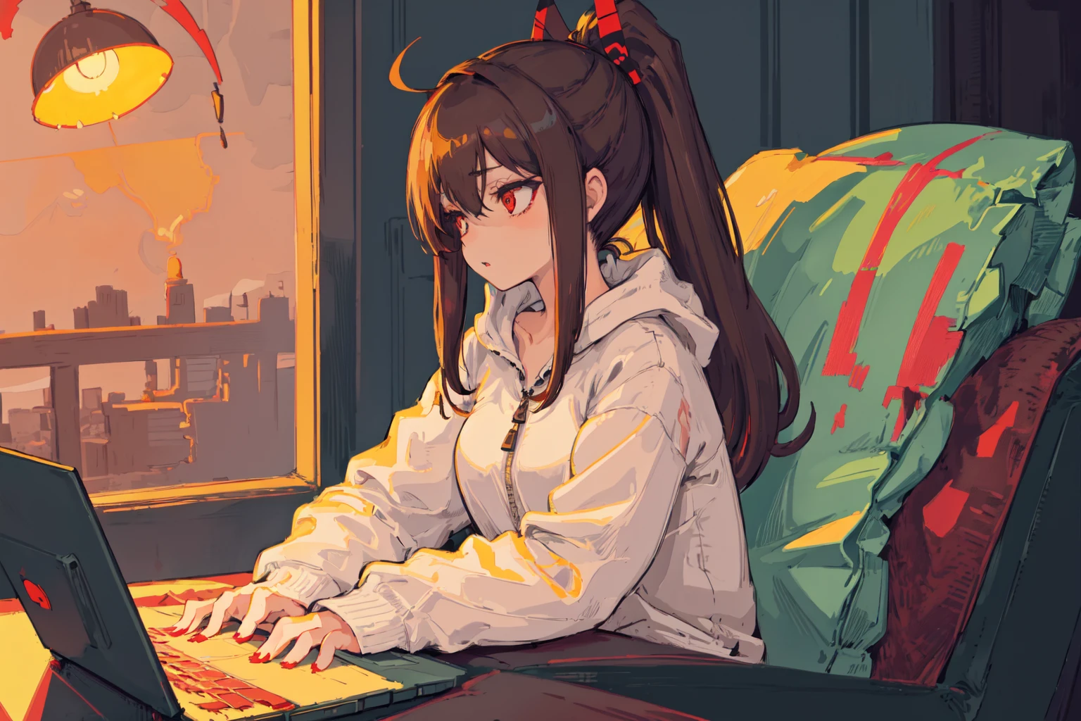 Original Characters, Deep Depth Of Field, Sharp Focus, Portrait Of Stunningly Beautiful Sickly Girl, Soft Delicate Beautiful Attractive Face With Alluring Red Eyes, (Bags Under Eyes:1.1), Lovely Small Breasts, Sharp Eyeliner, Engrossed Face, Windswept Disheveled Brown Hair, Thick Layered Untidy Medium Ponytail Hairstyles, Dark Eyeshadow With Thick Eyelashes, Parted Lips, (Neko Headphone:1.05), Unzipped Jacket, (Side View Of Girl Using Laptop Computer While Sitting On Chair In A Dark Room:1.2), (Laptop With Desk Light Lamp:1.15), (Typing On Laptop Keyboard:1.1), (Highest Quality, Amazing Details:1.4), Masterpiece, Loneliness, Picturesque, Gray Gloomy Paintings