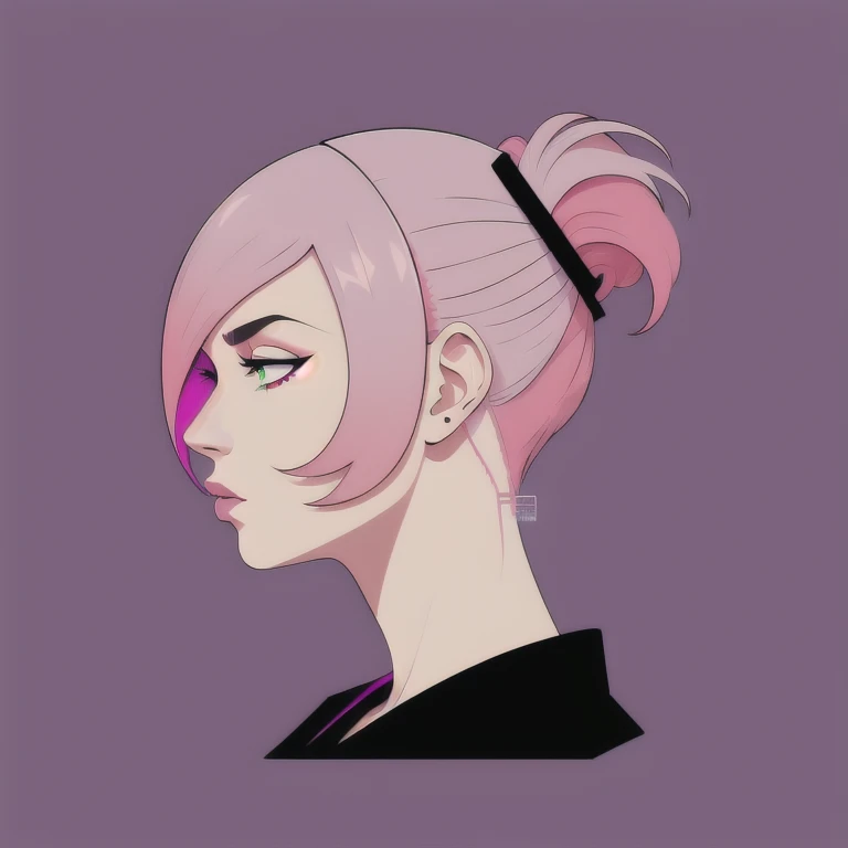 profile, deformed background, (flat color), solo, close-up face, (illustration), many layers, limited tone, isometric, dribbble style illustration, vivid pink hair, clear eyes,