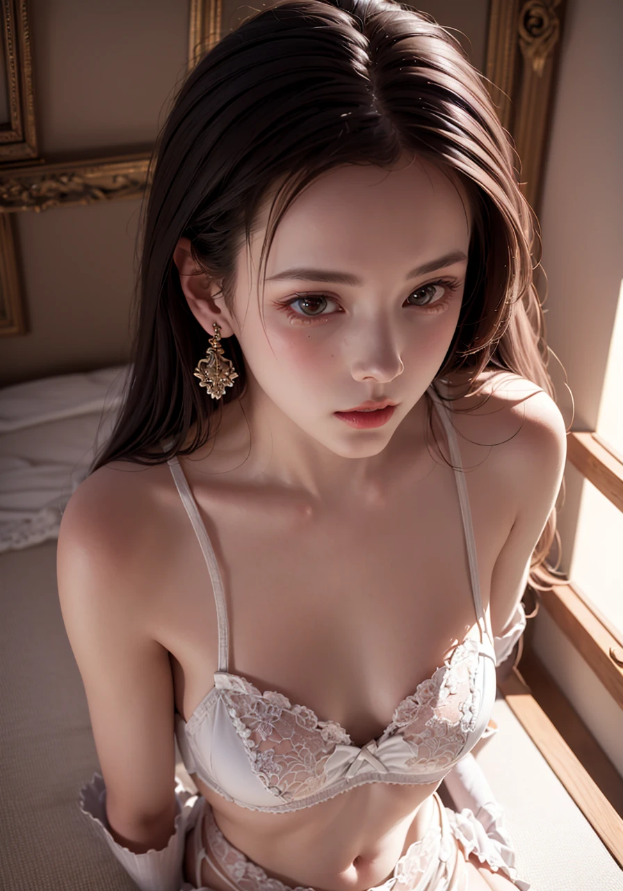 (best quality, masterpiece:1.2), photorealistic, ultra high res, front lighting, Exquisite details and textures, 1girl, full body, looking at viewer, from above, sex, franch lingerie, (black, lace), Bustier, white stocking, thigh straps, arm straps, face highlight, detailed face, tear mole, white skin, big eyes, earrings, small breasts, slim body, royal palace, luxury room, professional lighting, photon mapping, radiosity, physically-based rendering, <lora:shojovibe_v11:0.8>, <lora:fashionGirl_v45:0.4>,