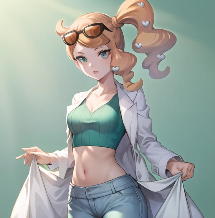 beautiful, masterpiece, best quality, extremely detailed face,  perfect lighting, 1girl, solo,  <lora:PokeSonia:0.9>, sonia \(pokemon\), green eyes, sunglasses, heart hair ornament, side ponytail, labcoat, green shirt, collarbone, medium breasts, crop top, midriff, pants, cowboy shot