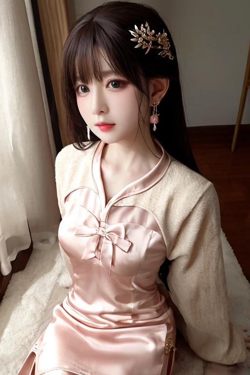 1girl, best quality, solo, looking at viewer, lips, dress, china dress, chinese clothes, earrings, east asian architecture, hair ornament