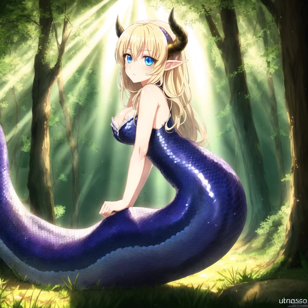 <lora:lamia-2_lamia-3__lamia-lamia-1--retro_ham_avas_jun_rifl--08-02:1>,
(lamia:1.2), scales,
full body,
((masterpiece)), (((best quality))), ((ultra-detailed)), ((illustration)), (1girl, light hair, bright eyes, long hair, disheveled hair), forest, white frills, standing, falling leaves, sunlight, bloom, grass, bokeh, god rays, water, light particles, colorful refraction, hdr, chromatic aberration, sharp focus, dark intense shadows, dramatic lighting, facing the viewer, (cowboy shot), sky, from side, extremely detailed eyes, solo, detailed anime face and eyes, upper body, cute little horns, ((cleavage)), vivid playful eyes