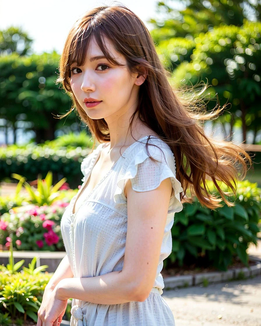 best quality, (skindentation), large breast, morning, (bright), bokeh, outdoor, (street:0.6), people, crowds, braided bangs, blouse, gorgeous, floating hair, (dynamic pose:0.6), soft lighting, charming, wind,  garden, sunlight, white light,   <lora:JAV_Tsumugi_v1.3:0.6>