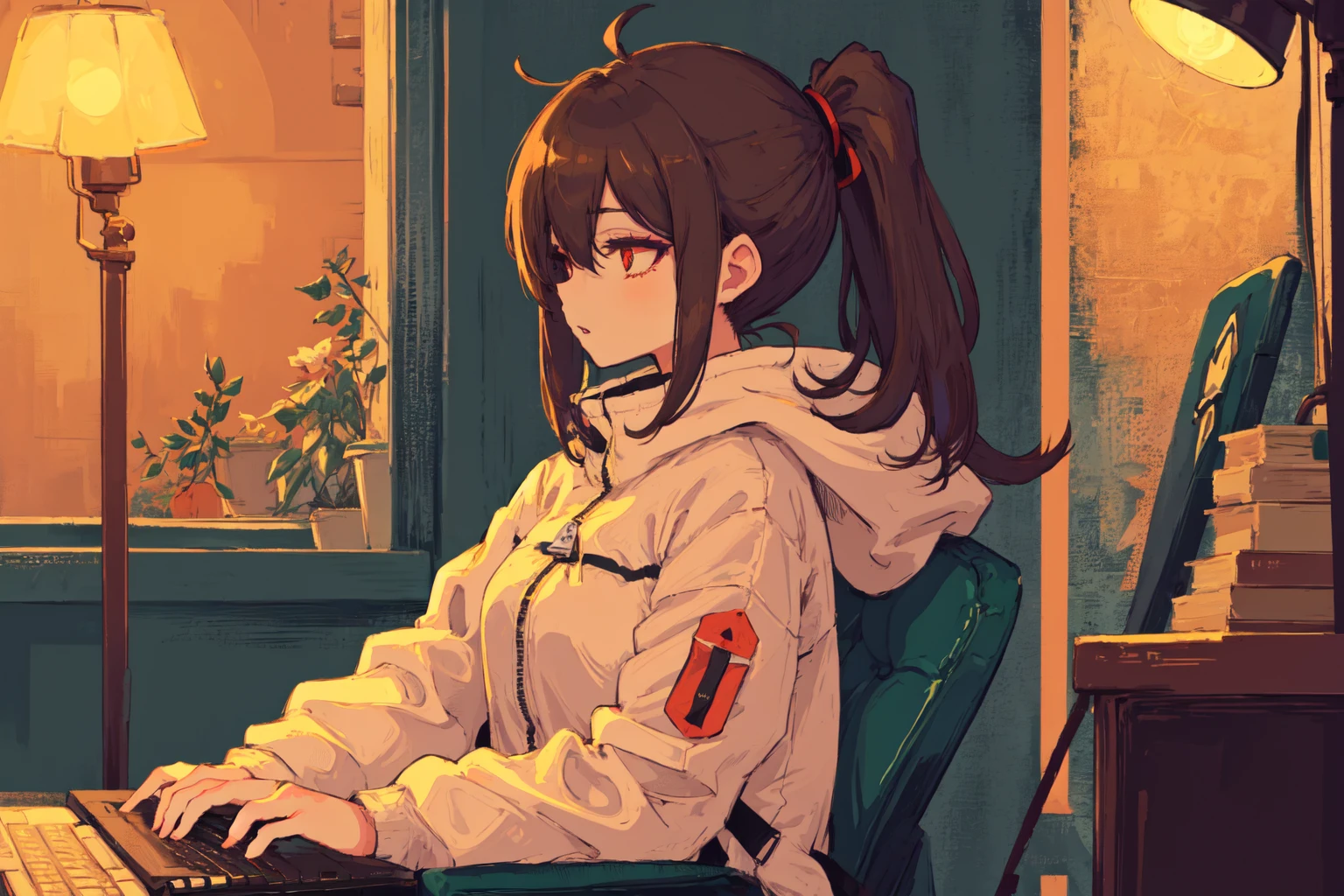 Original Characters, Deep Depth Of Field, Sharp Focus, Portrait Of Stunningly Beautiful Sickly Girl, Soft Delicate Beautiful Attractive Face With Alluring Red Eyes, (Bags Under Eyes:1.1), Lovely Small Breasts, Sharp Eyeliner, Engrossed Face, Windswept Disheveled Brown Hair, Thick Layered Untidy Medium Ponytail Hairstyles, Dark Eyeshadow With Thick Eyelashes, Parted Lips, (Neko Headphone:1.05), Unzipped Jacket, (Side View Of Girl Using Laptop Computer While Sitting On Chair In A Dark Room:1.2), (Laptop With Desk Light Lamp:1.15), (Typing On Laptop Keyboard:1.1), (Highest Quality, Amazing Details:1.4), Masterpiece, Loneliness, Picturesque, Gray Gloomy Paintings