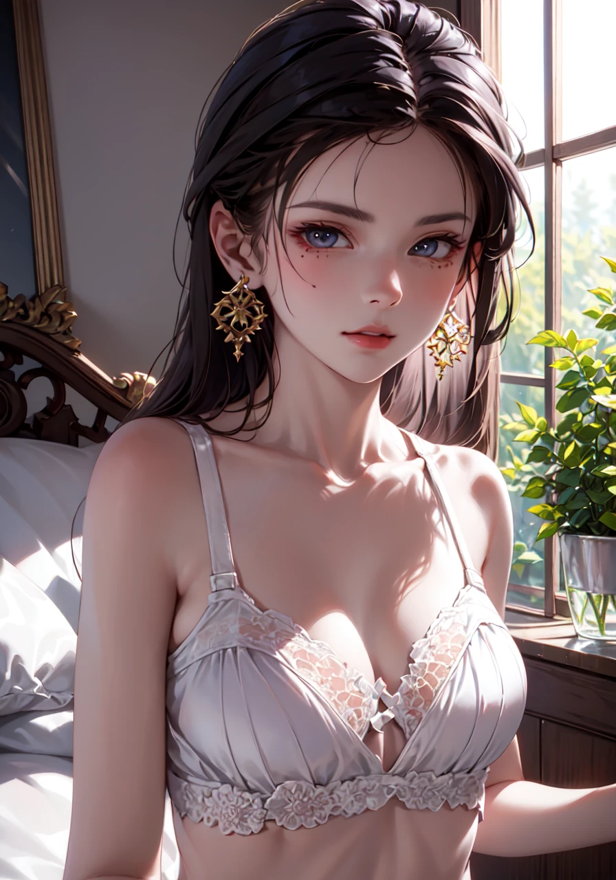 (best quality, masterpiece:1.2), photorealistic, ultra high res, front lighting, Exquisite details and textures, 1girl, (young), looking at viewer, sundress, lingerie, black stocking, face highlight, detailed face, tear mole, white skin, big eyes, earrings, slim body, royal palace, luxury room (white, gold), professional lighting, photon mapping, radiosity, physically-based rendering, <lora:shojovibe_v11:0.8>, <lora:fashionGirl_v45:0.3>,